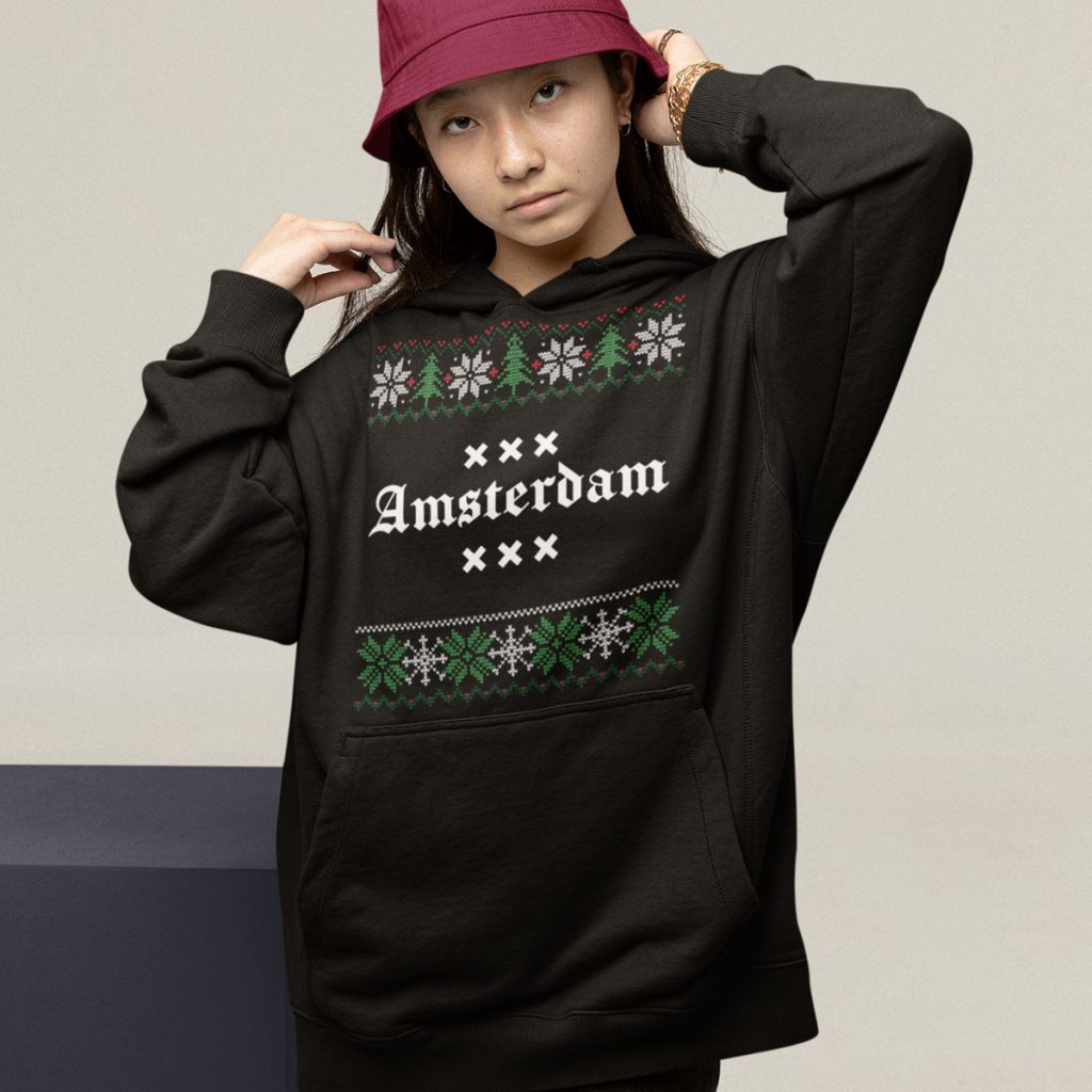 Amsterdam Kerst Hoodie Zwart Snowy Trees