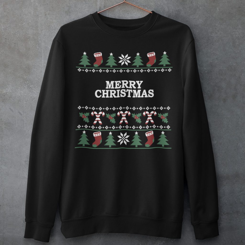 Foute Kersttrui Zwart Candy Cane Merry Christmas Productfoto