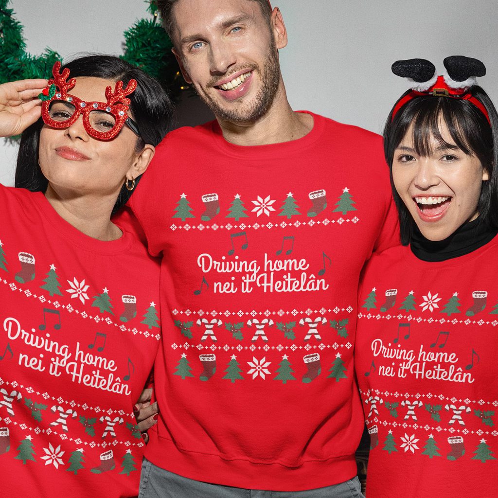 Friese Kersttrui Rood Groen Candy Cane Driving Home Nei It Heitelan