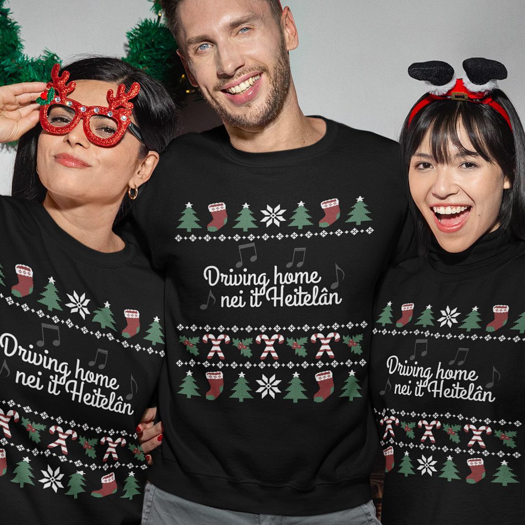 Friese Kersttrui Zwart Groen Candy Cane Driving Home Nei It Heitelan