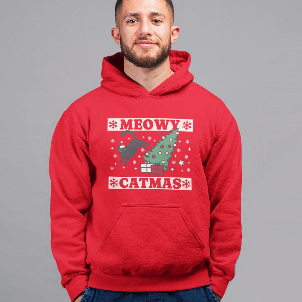 Foute Kerst Hoodie Rood Meowy Catmas