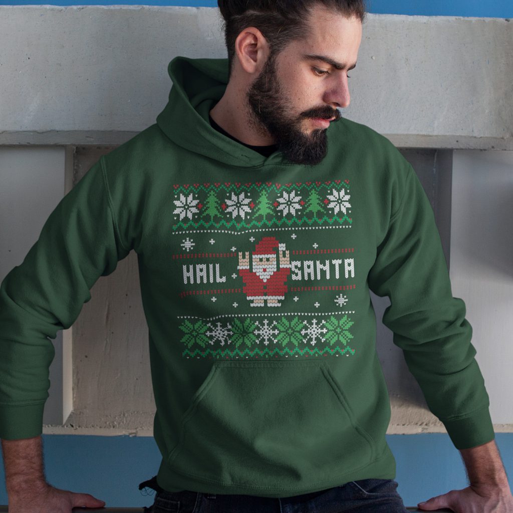 Foute Kerst Hoodie Groen Hail Santa Snowy Trees