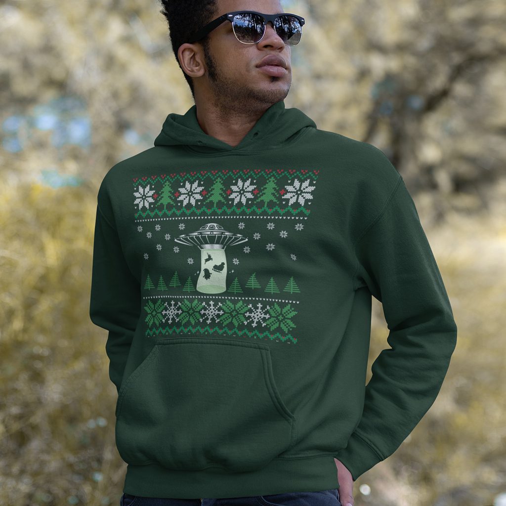 Foute Kerst Hoodie Groen UFO Snowy Trees