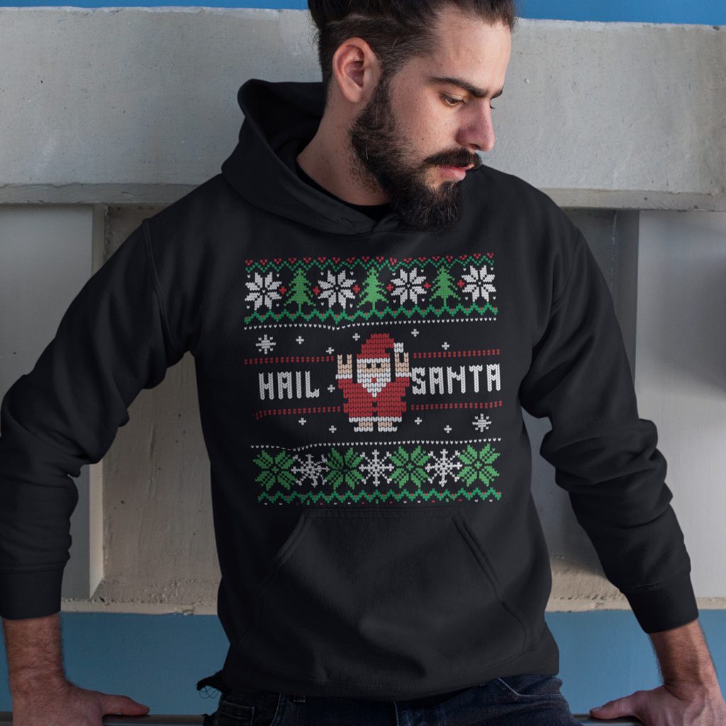 Foute Kerst Hoodie Zwart Hail Santa Snowy Trees