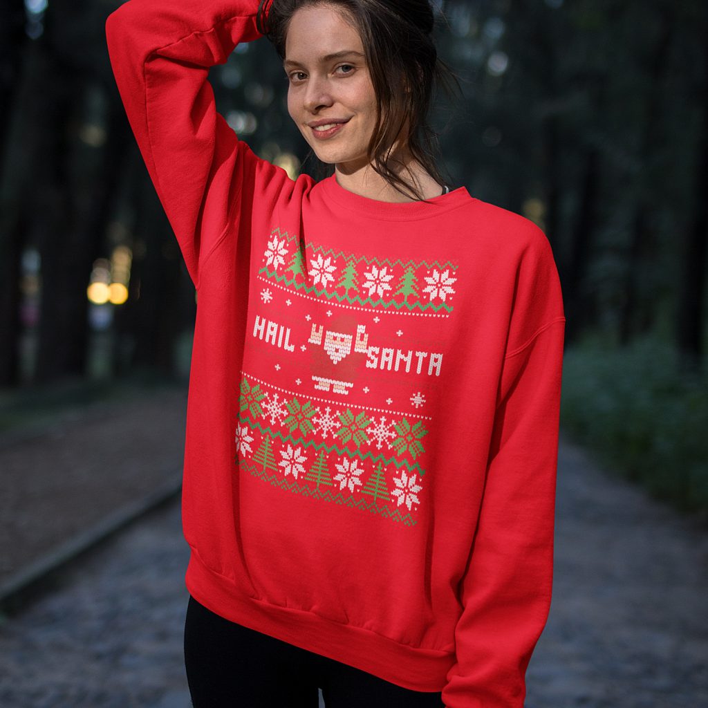 Foute Kersttrui Rood Hail Santa Snowy Trees