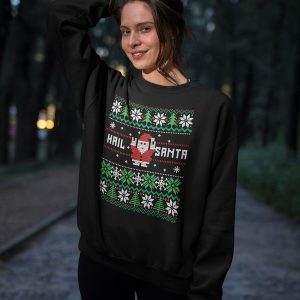 Foute Kersttrui Zwart Hail Santa Snowy Trees Model
