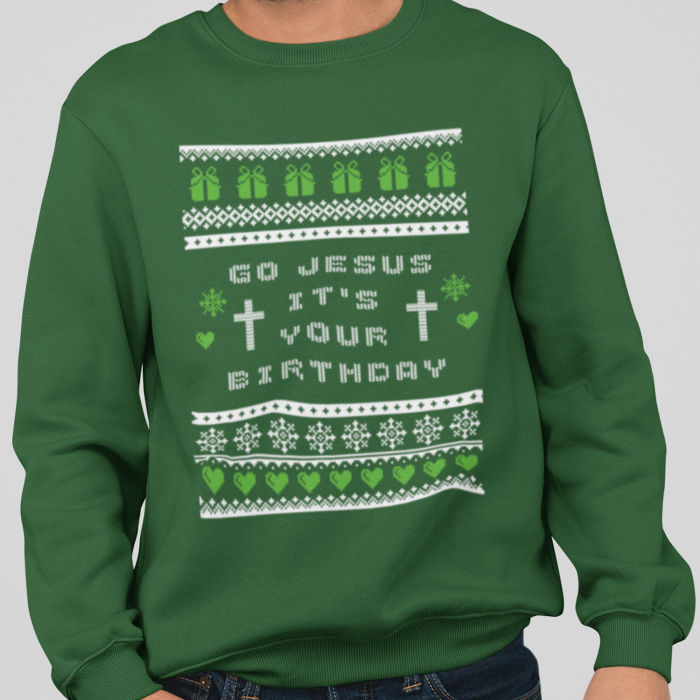 Foute Kerst Sweater Groen Go Jesus It's Your Birthday