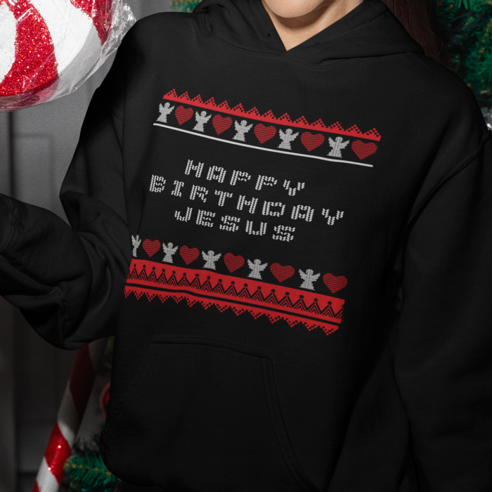 Foute Kerst Hoodie Zwart Happy Birthday Jesus