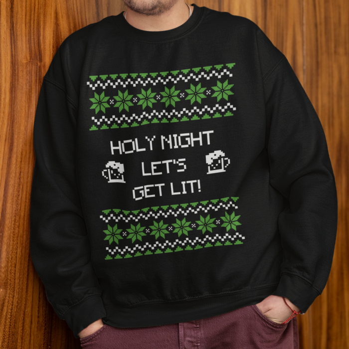 Foute Kerst Sweater Zwart Holy Night Let's Get Lit