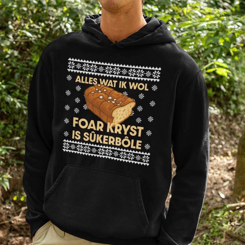 Foute Kerst Hoodie Zwart Alles Wat Ik Wol Foar Kryst Is Sukerbole