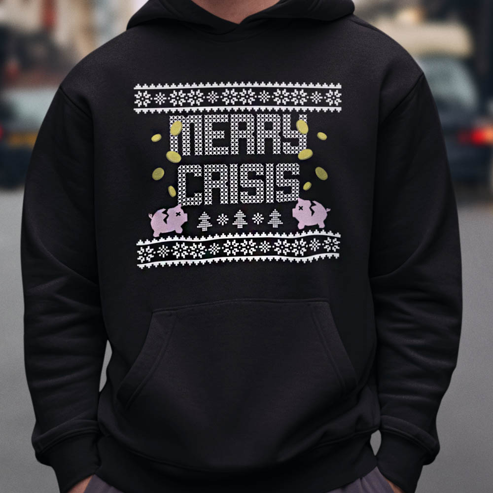 Foute Kerst Hoodie Zwart Merry Crisis Piggybank