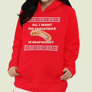 Foute Kerst Hoodie Dames Rood All I Want For Christmas Is Bratwurst