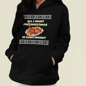 Foute Kerst Hoodie Dames Zwart All I Want For Christmas Is Currywurst