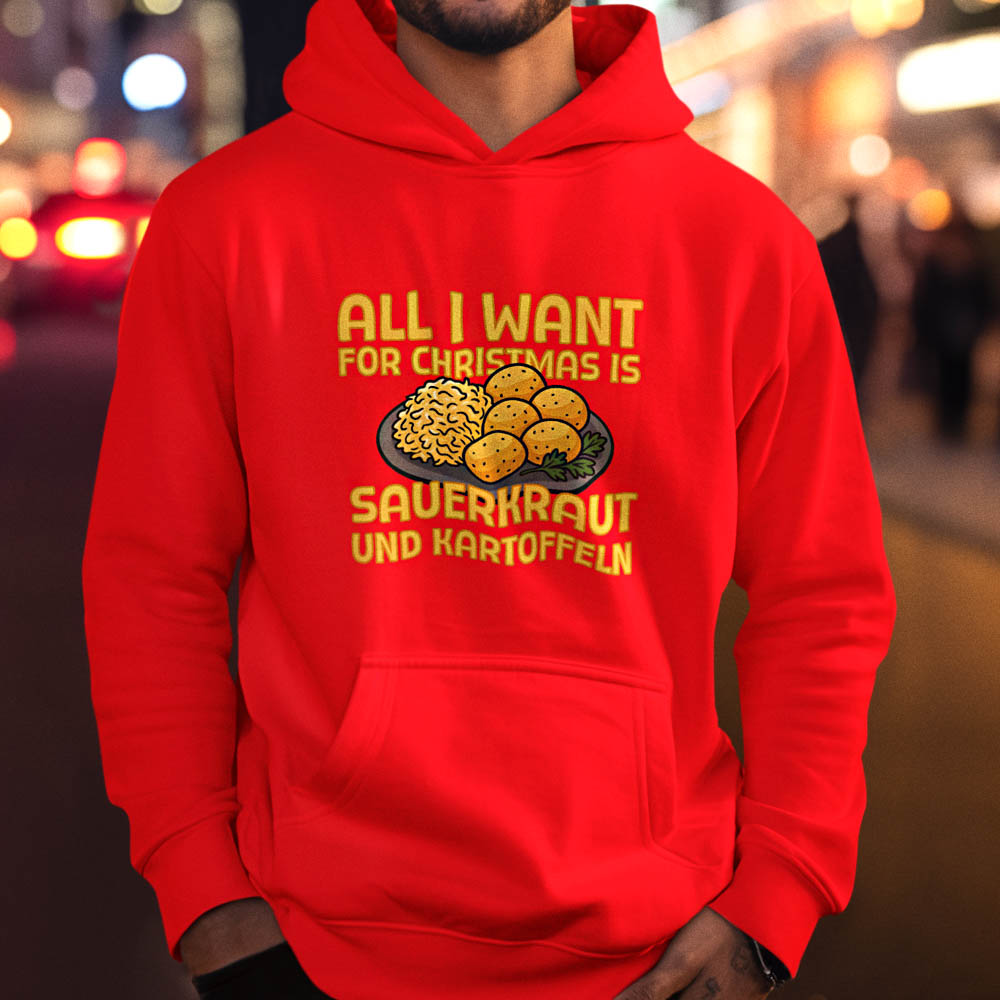 Foute Kerst Hoodie Rood All I Want For Christmas Is Sauerkraut Und Kartoffeln