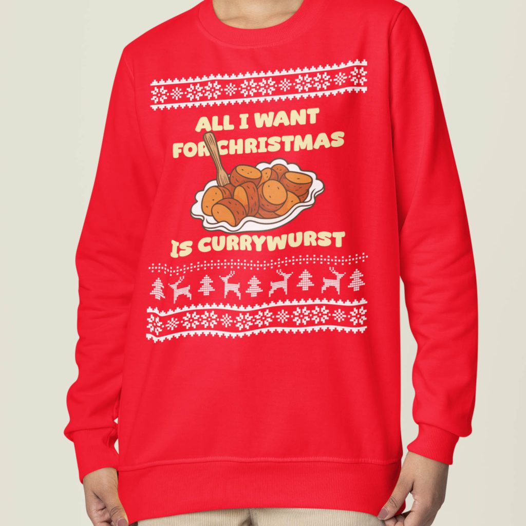 Foute Kerst Sweater Dames Rood All I Want For Christmas Is Currywurst