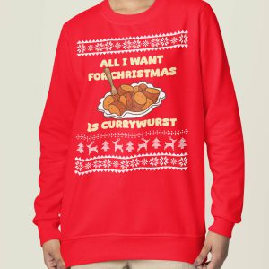 Foute Kerst Sweater Dames Rood All I Want For Christmas Is Currywurst
