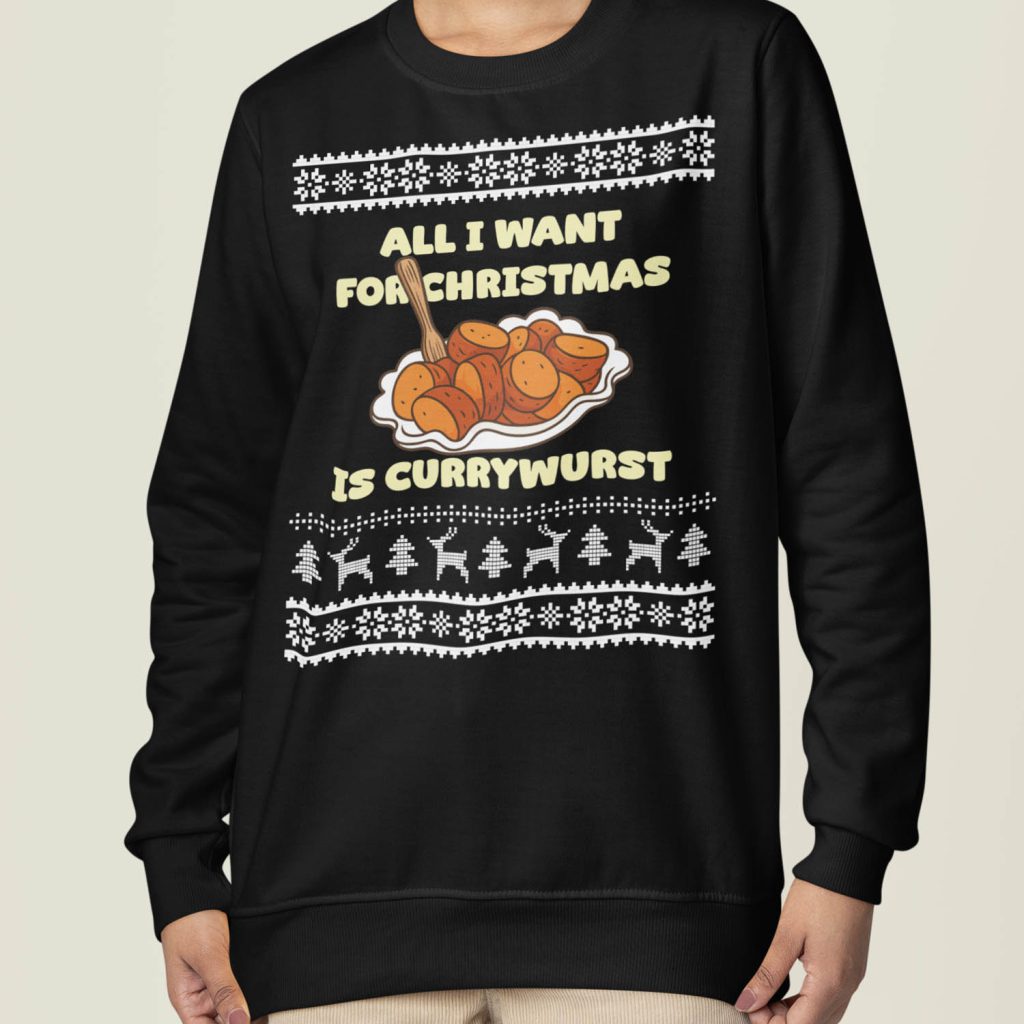 Foute Kerst Sweater Dames Zwart All I Want For Christmas Is Currywurst
