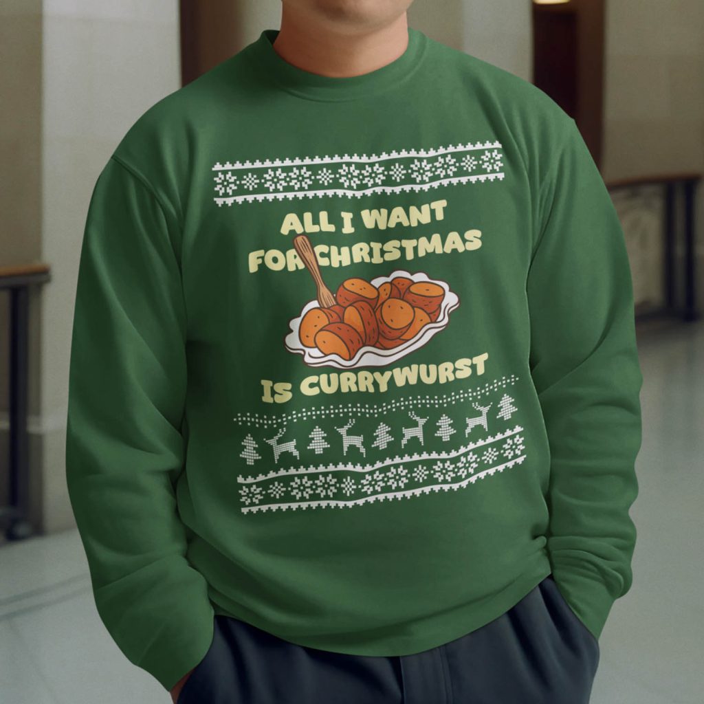 Foute Kerst Sweater Groen All I Want For Christmas Is Currywurst