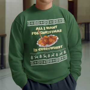 Foute Kerst Sweater Groen All I Want For Christmas Is Currywurst