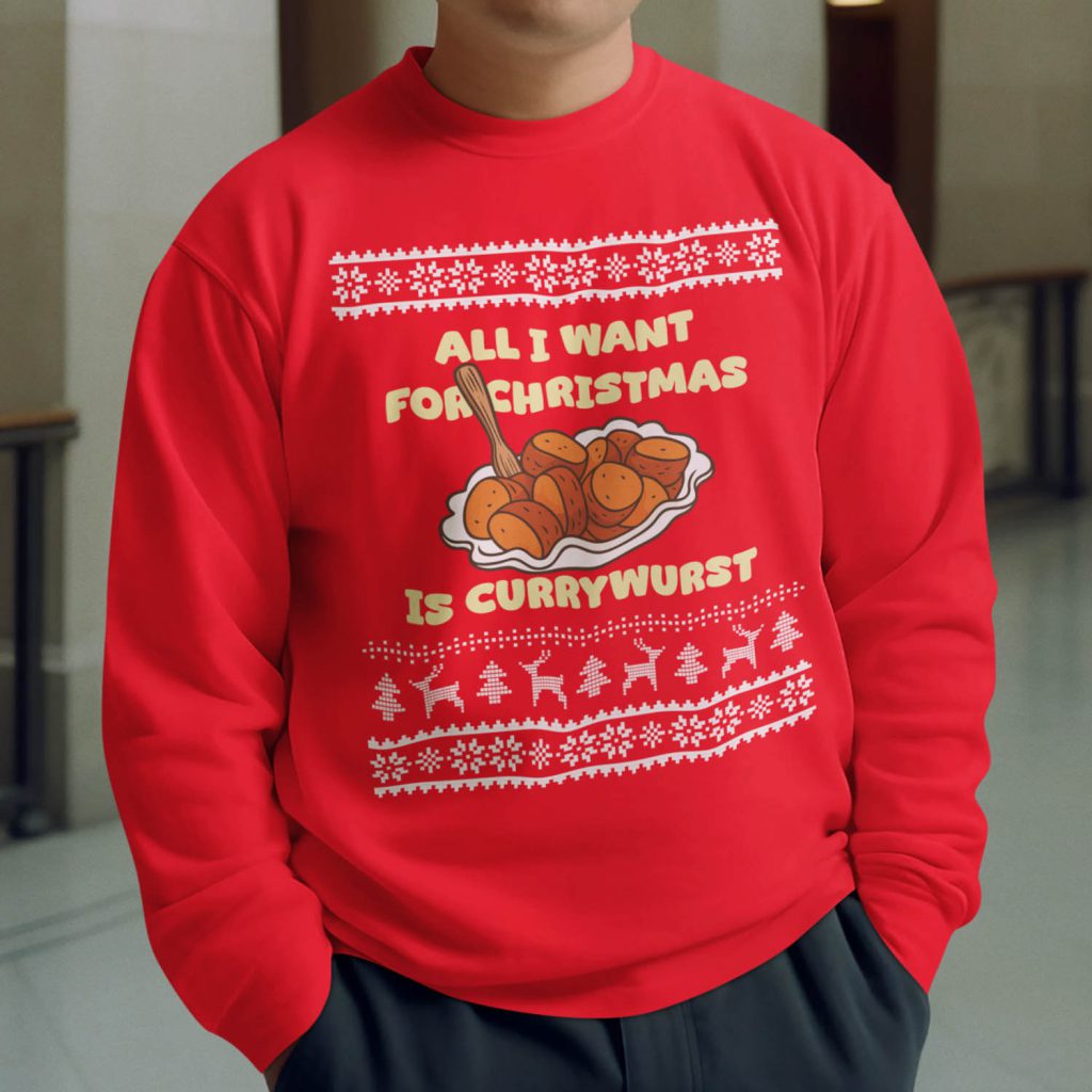 Foute Kerst Sweater Rood All I Want For Christmas Is Currywurst