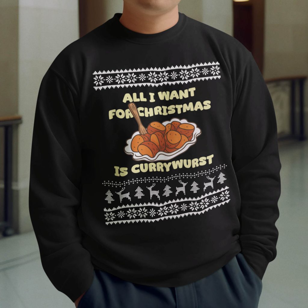 Foute Kerst Sweater Zwart All I Want For Christmas Is Currywurst