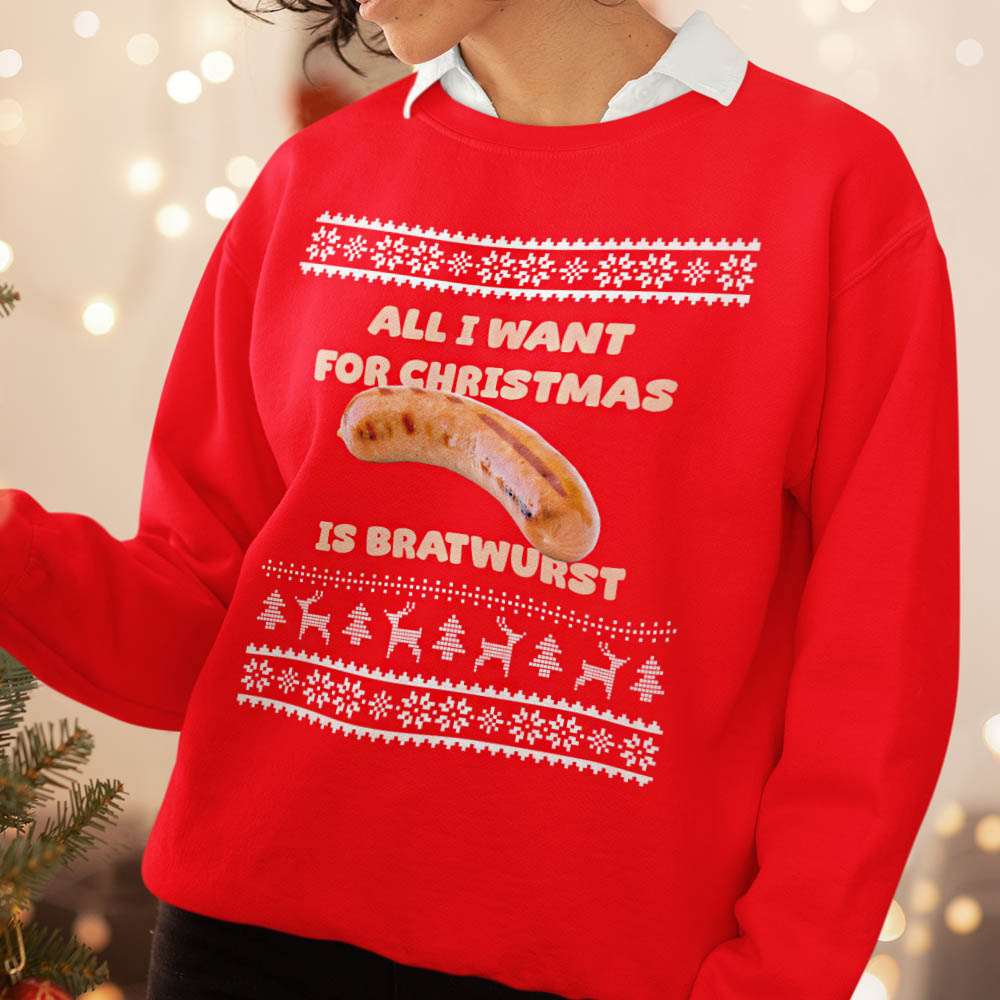 Foute Kerst Trui Rood Dames All I Want For Christmas Is Bratwurst