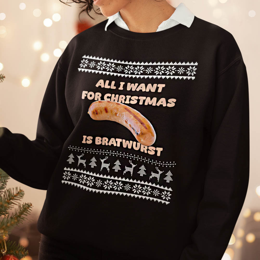 Foute Kerst Trui Zwart Dames All I Want For Christmas Is Bratwurst