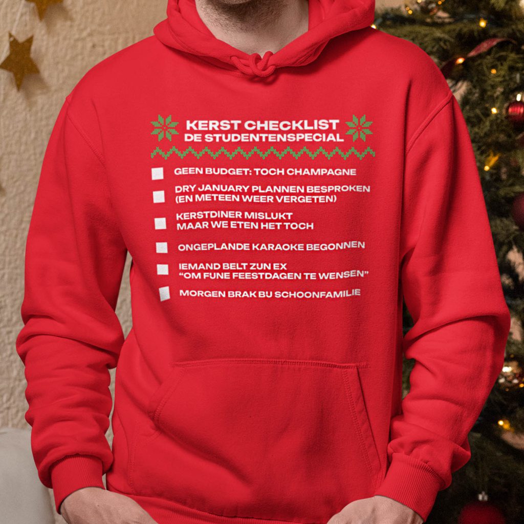 Kerst Hoodie Rood Checklist De Studentenspecial