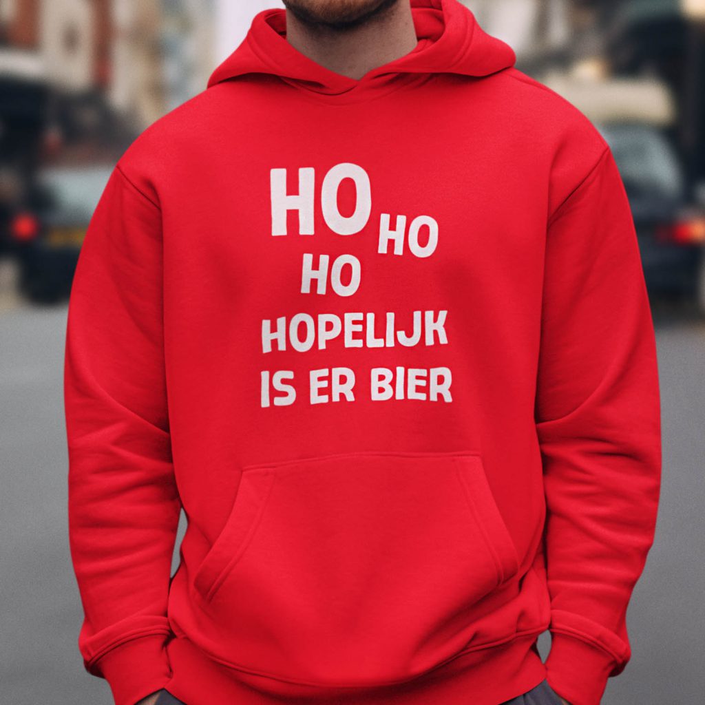 Kerst Hoodie Rood Ho Ho Hopelijk Is Er Bier