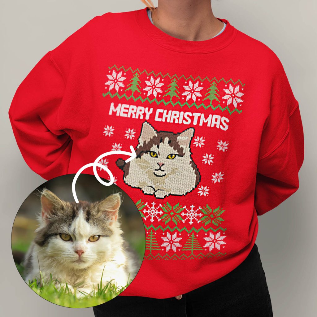 Voor en Na_Custom Kerst Trui Rood Huisdier Kat