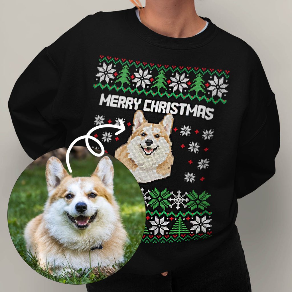 Voor en Na_Custom Kerst Trui Zwart Huisdier Hond