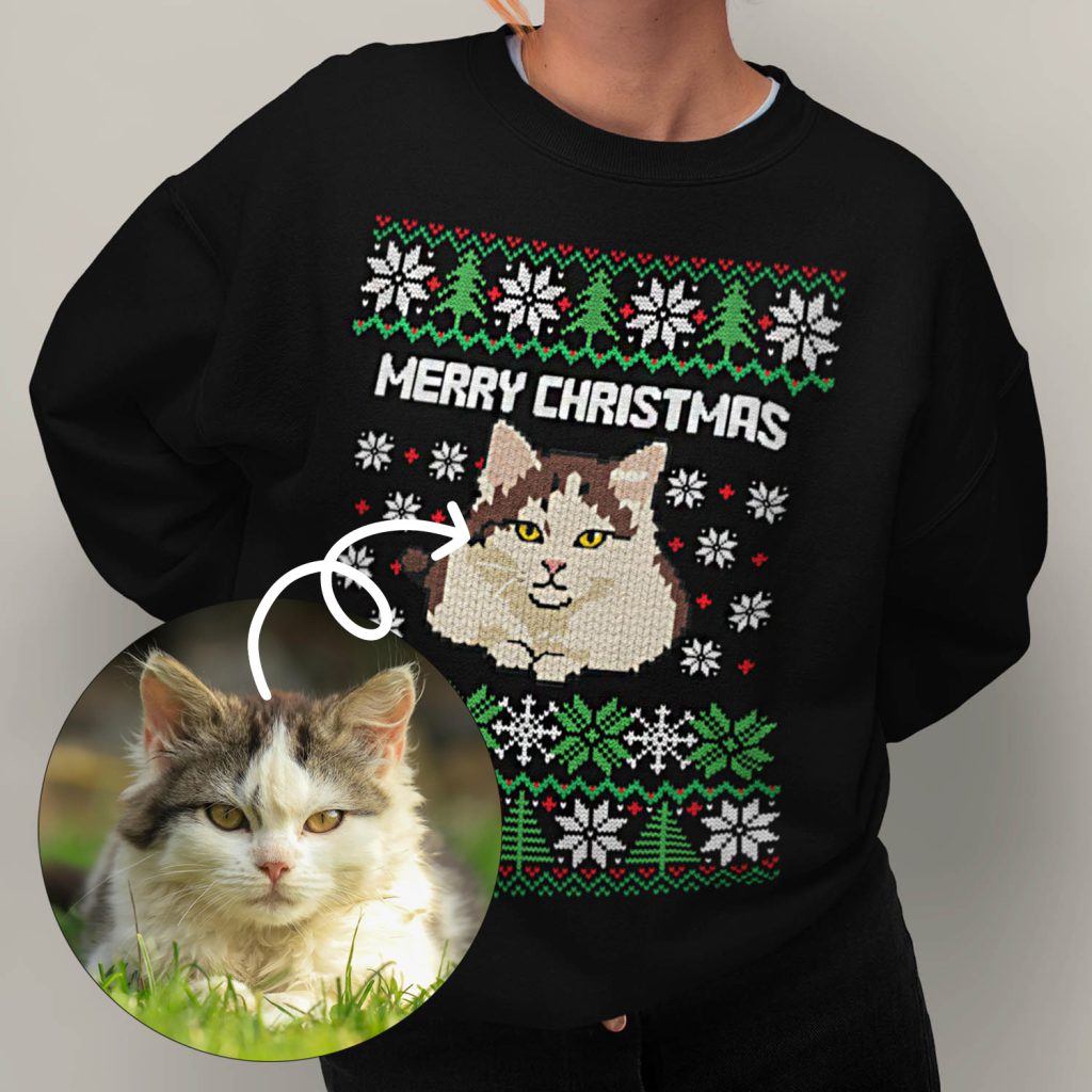Voor en Na_Custom Kerst Trui Zwart Huisdier Kat