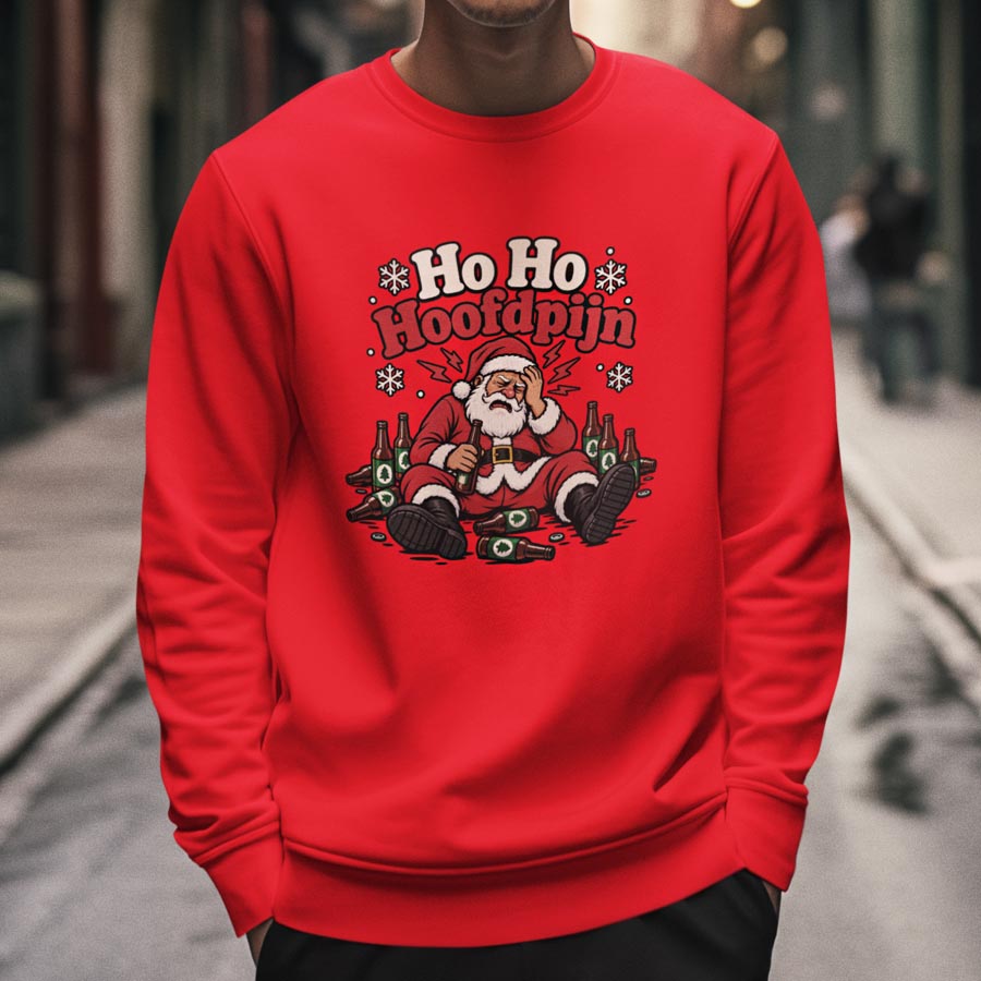 Foute kerst sweater rood ho ho hoofdpijn