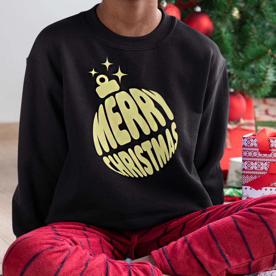 Kerst sweater kind zwart merry christmas ball